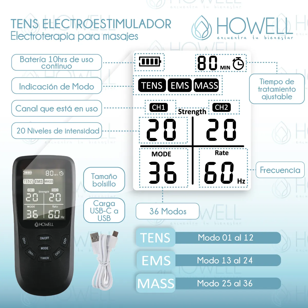 HOWELL - Tens Electroestimulador Muscular 36 Modos Howell EMS Dual