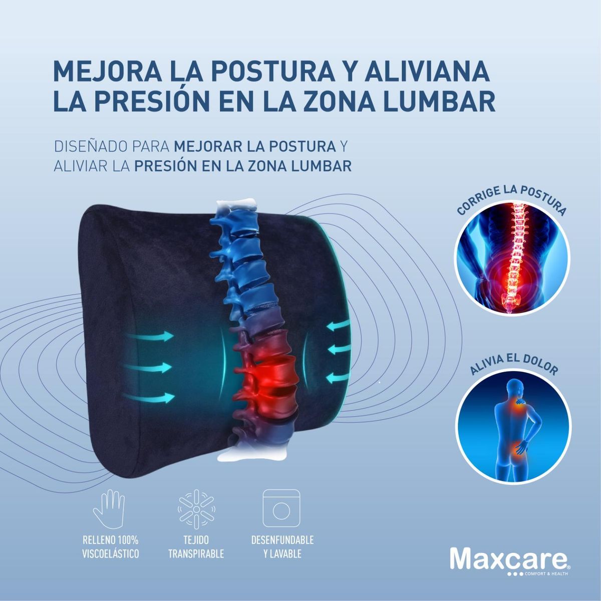 MAXCARE - Cojín Espalda Soporte Lumbar Comfort Negro
