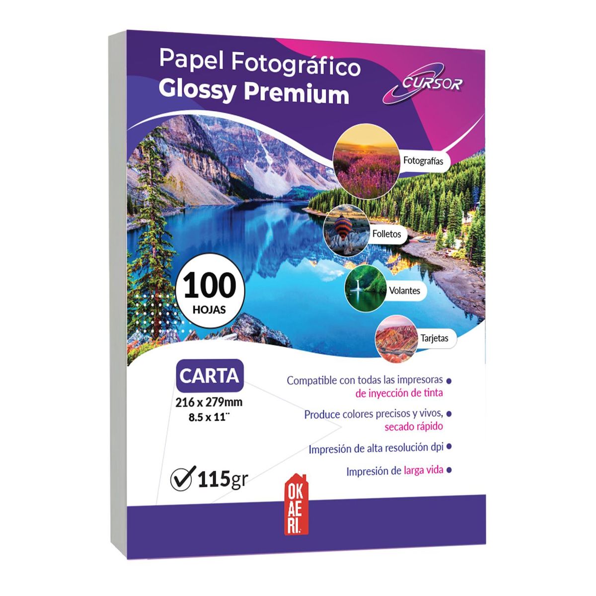 CURSOR - Papel Fotográfico 115g Cursor Carta 100 Hojas Brillante Glossy Foto - Blanco