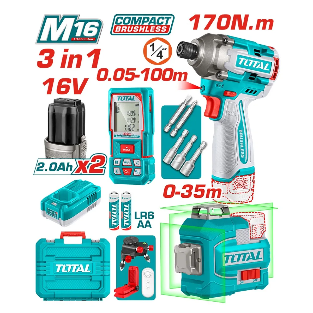 TOTAL TOOLS - Kit Atornillador Impacto 170Nm + Nivel Laser + Detector de Voltaje Total