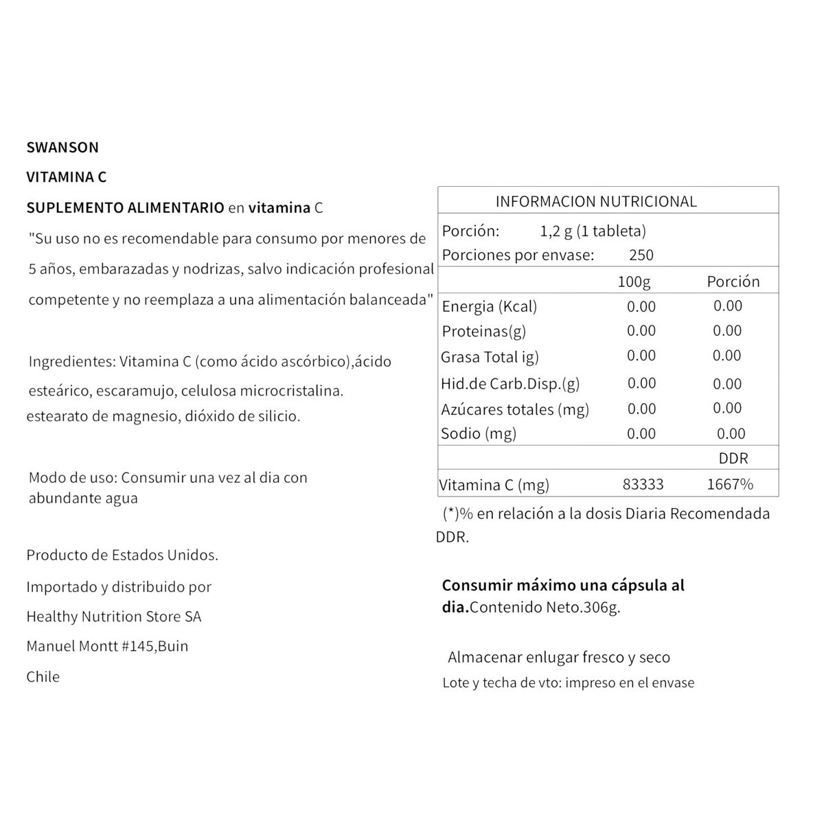 SWANSON - VITAMINA C CON ROSE HIPS 1000MG 250 CPS VEGANAS - SWANSON