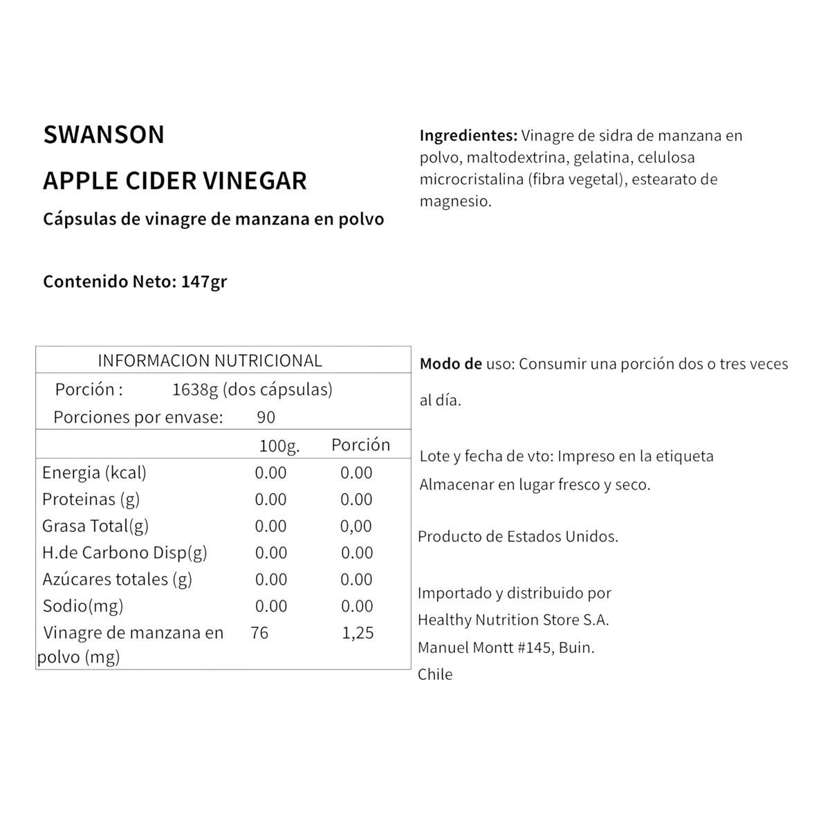 SWANSON - VINAGRE DE MANZANA 625MG 180 CAPSULAS VEGANAS - SWANSON
