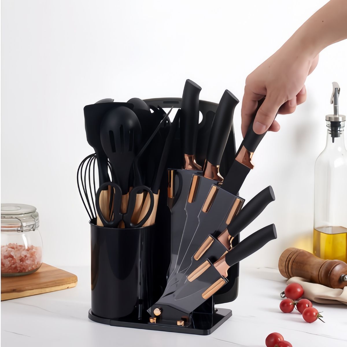 GENERICO - Set De Utensilios De Cocina Silicona 19 Piezas + tabla Negro