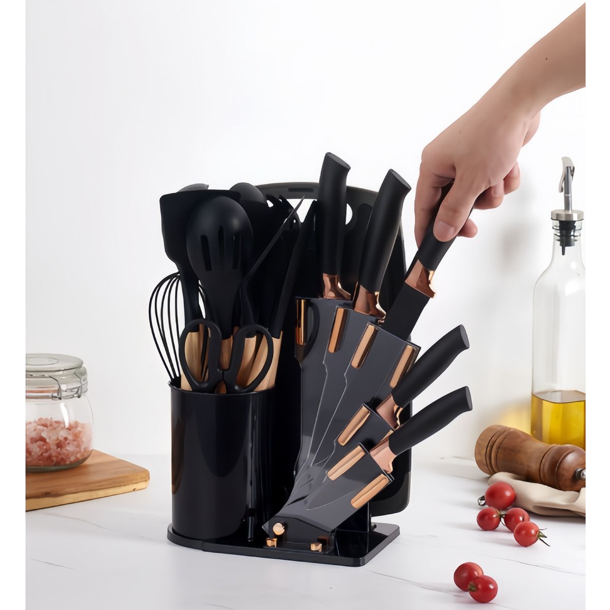 GENERICO - Set De Utensilios De Cocina Silicona 19 Piezas + tabla Negro