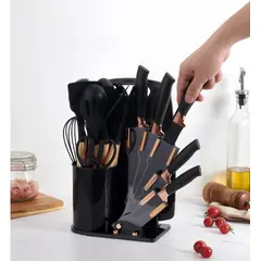 GENERICO - Set De Utensilios De Cocina Silicona 19 Piezas + tabla Negro
