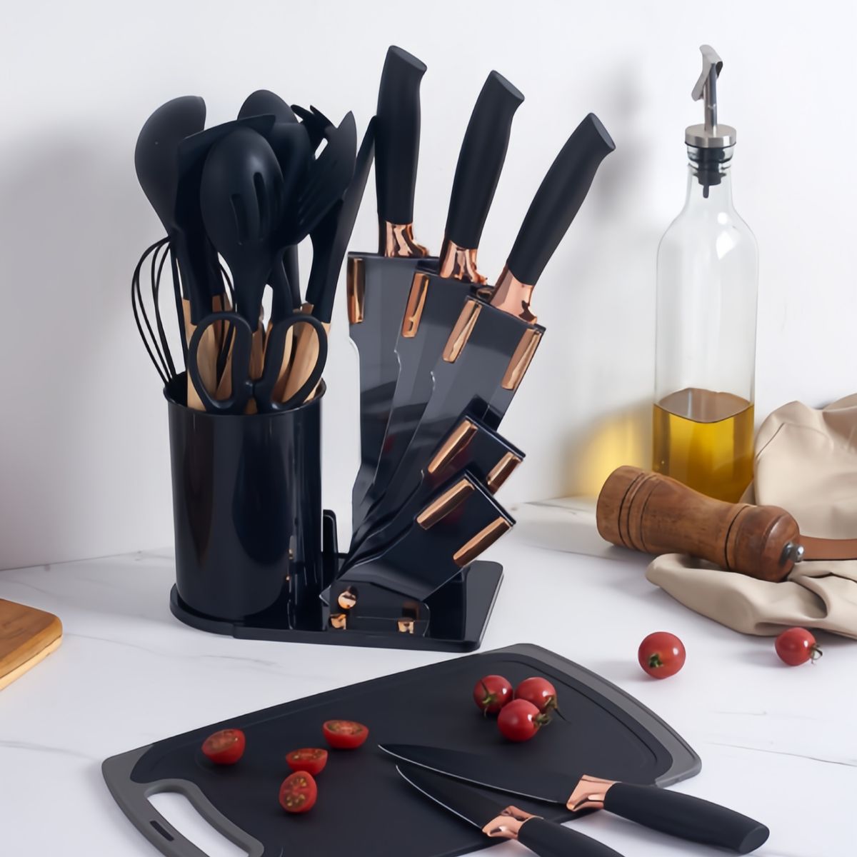 GENERICO - Set De Utensilios De Cocina Silicona 19 Piezas + tabla Negro