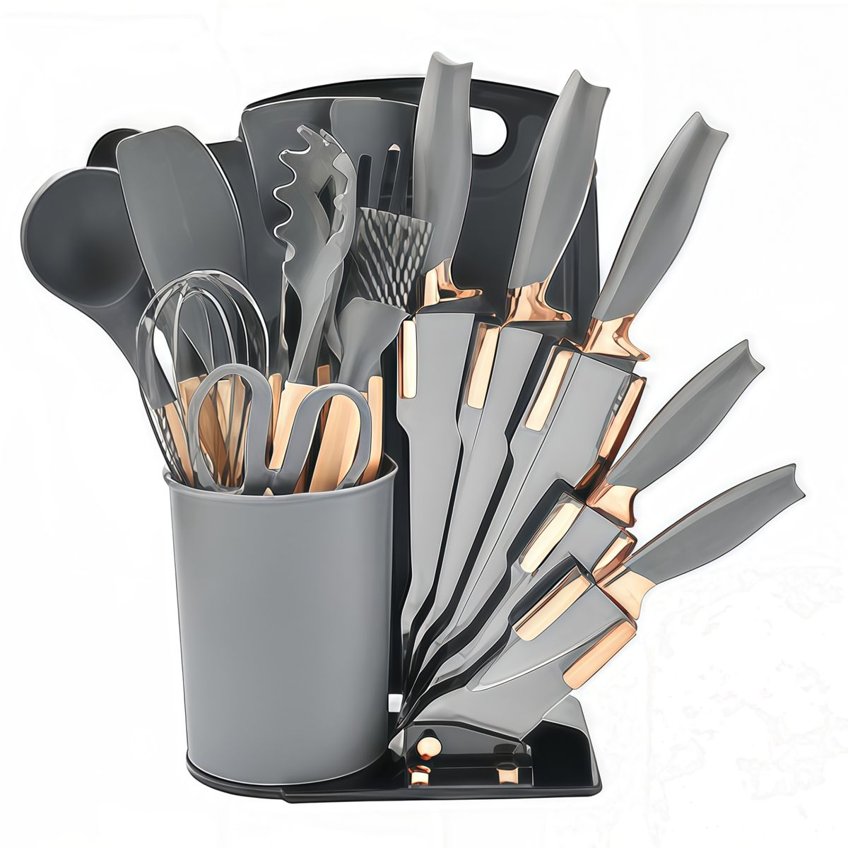 GENERICO - Set De Utensilios De Cocina Silicona 19 Piezas + tabla Gris