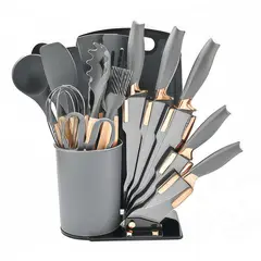 GENERICO - Set De Utensilios De Cocina Silicona 19 Piezas + tabla Gris