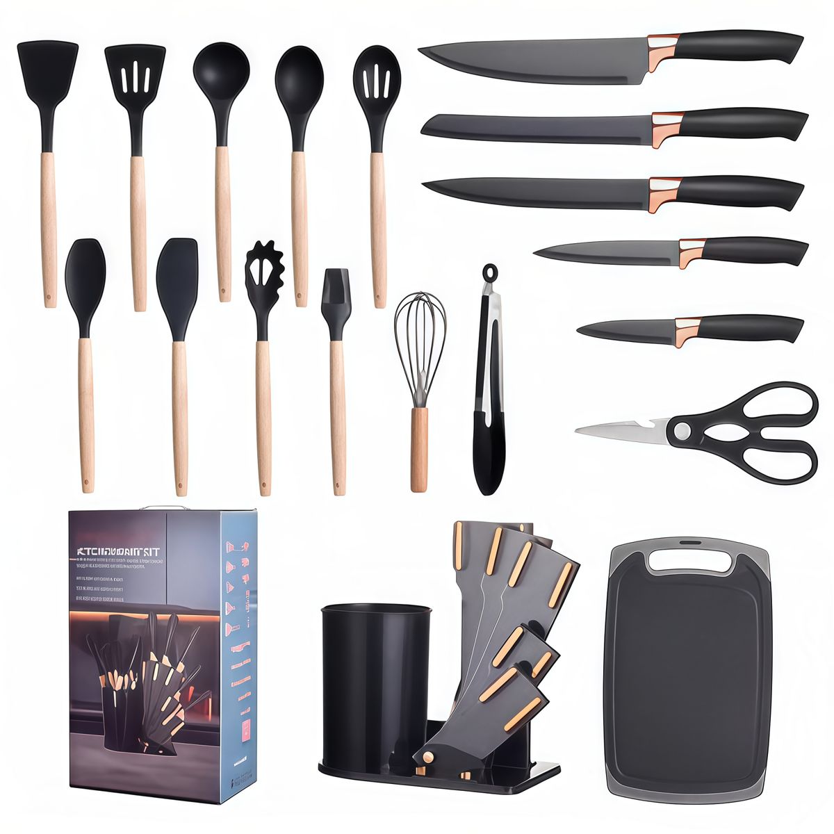 GENERICO - Set De Utensilios De Cocina Silicona 19 Piezas + tabla Gris