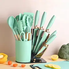 GENERICO - Set De Utensilios De Cocina Silicona 19 Piezas + tabla Verde