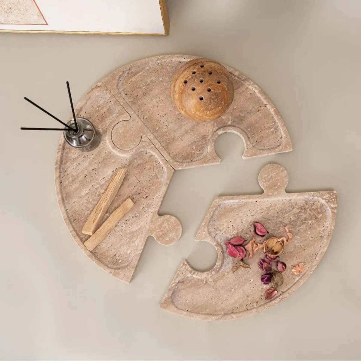 SANTU HOME & DECO - Bandeja de Piedra Puzzle Mármol Travertino Deco y Aperitivos