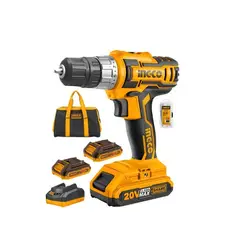 INGCO - Taladro Atornillador Inalámbrico Industrial 20V + 2 Baterías + 47 Pzs Accesorios + Bolso - CDLI2002