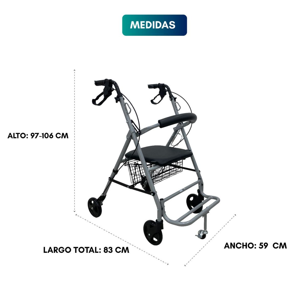 GLOMED - Andador Burrito Ortopédico Asiento y Rueda Delantera Gris