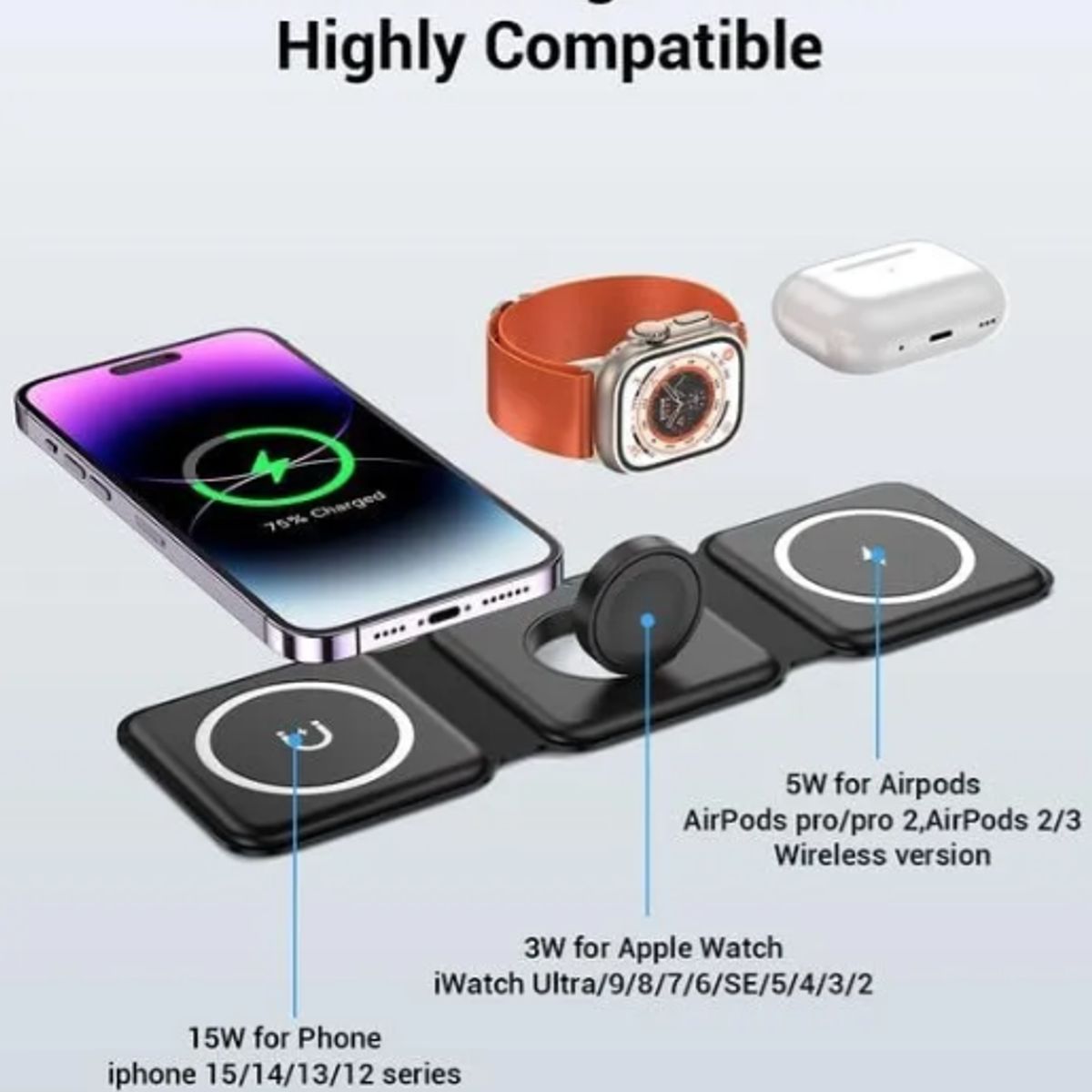 GENERICO - Cargador Base Inalámbrico Magnético 3 En 1 Para iPhone 15w