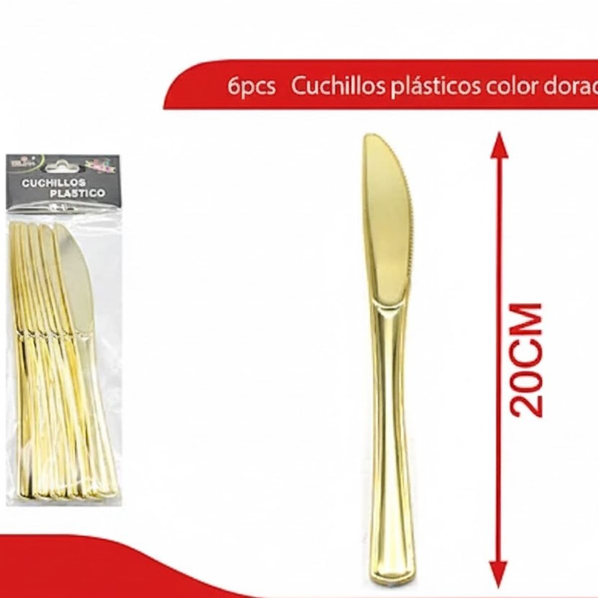 GENERICO - Cuchillo De Plástico Color Dorado 6pcs 20cm