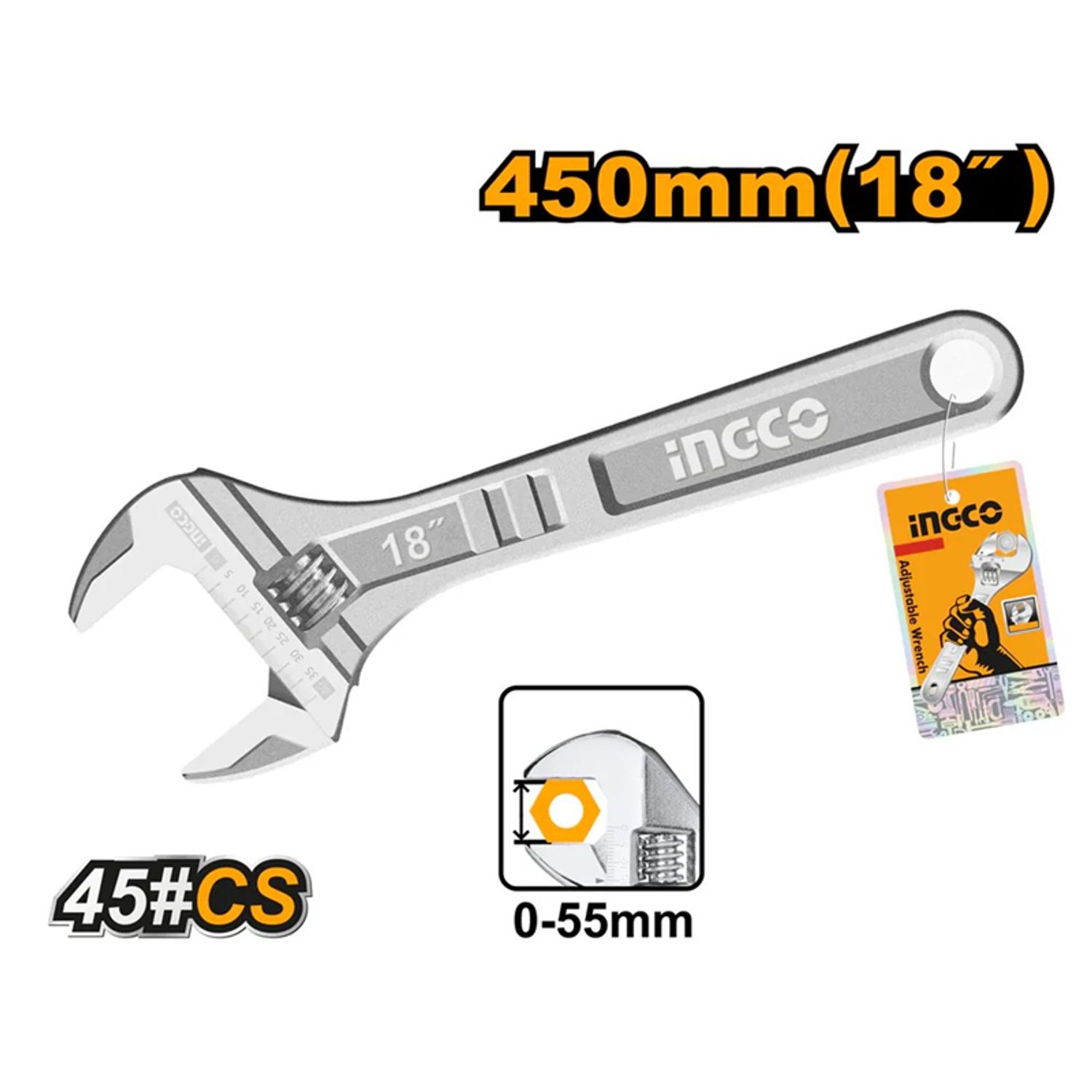Llave Francesa Ajustable 0-55mm 450mm/18 Ingco Hadw131182