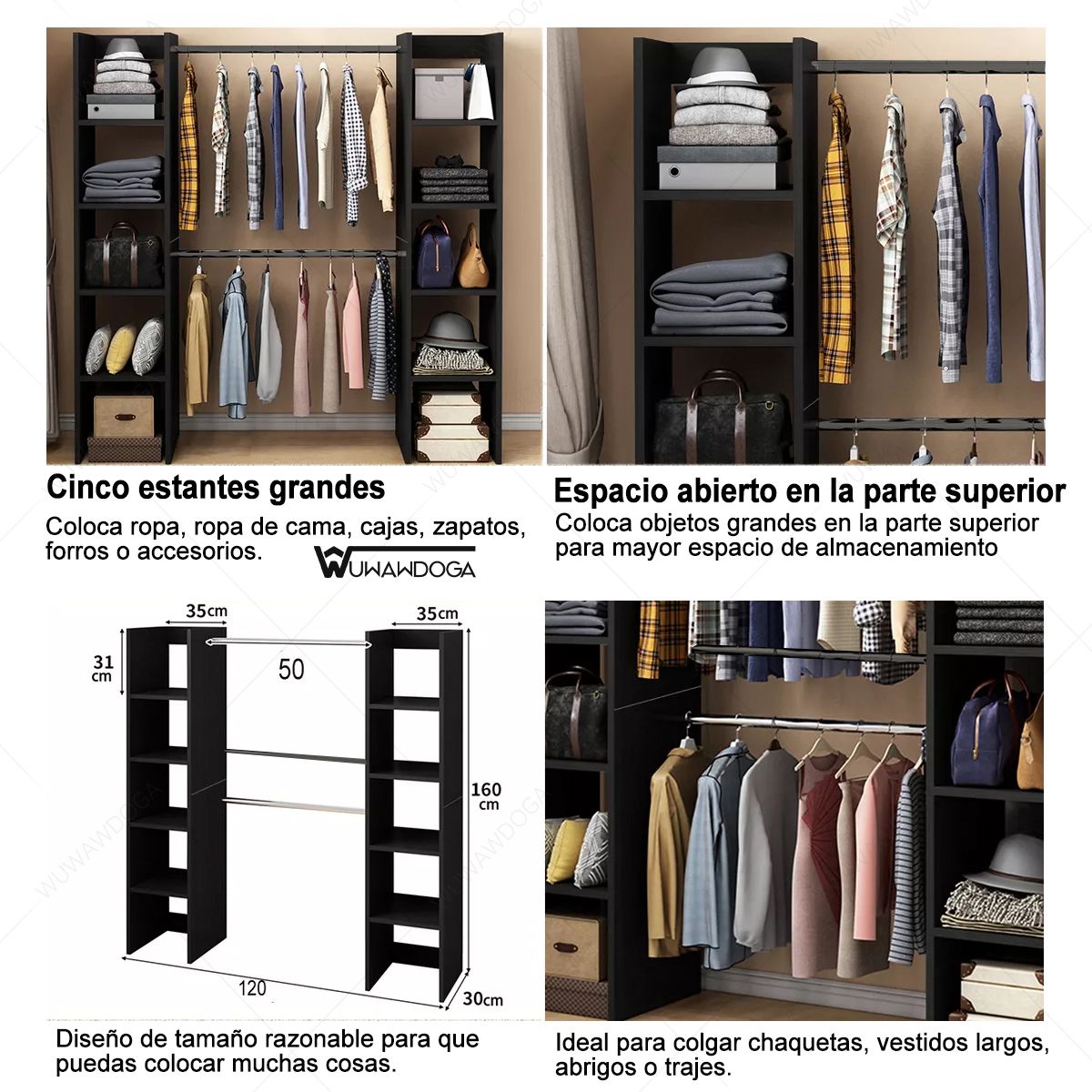 WUWAWDOGA - Closet Estante Muebles Almacenar Para Recamara 5 Niveles 120x30x160 Cm Negro