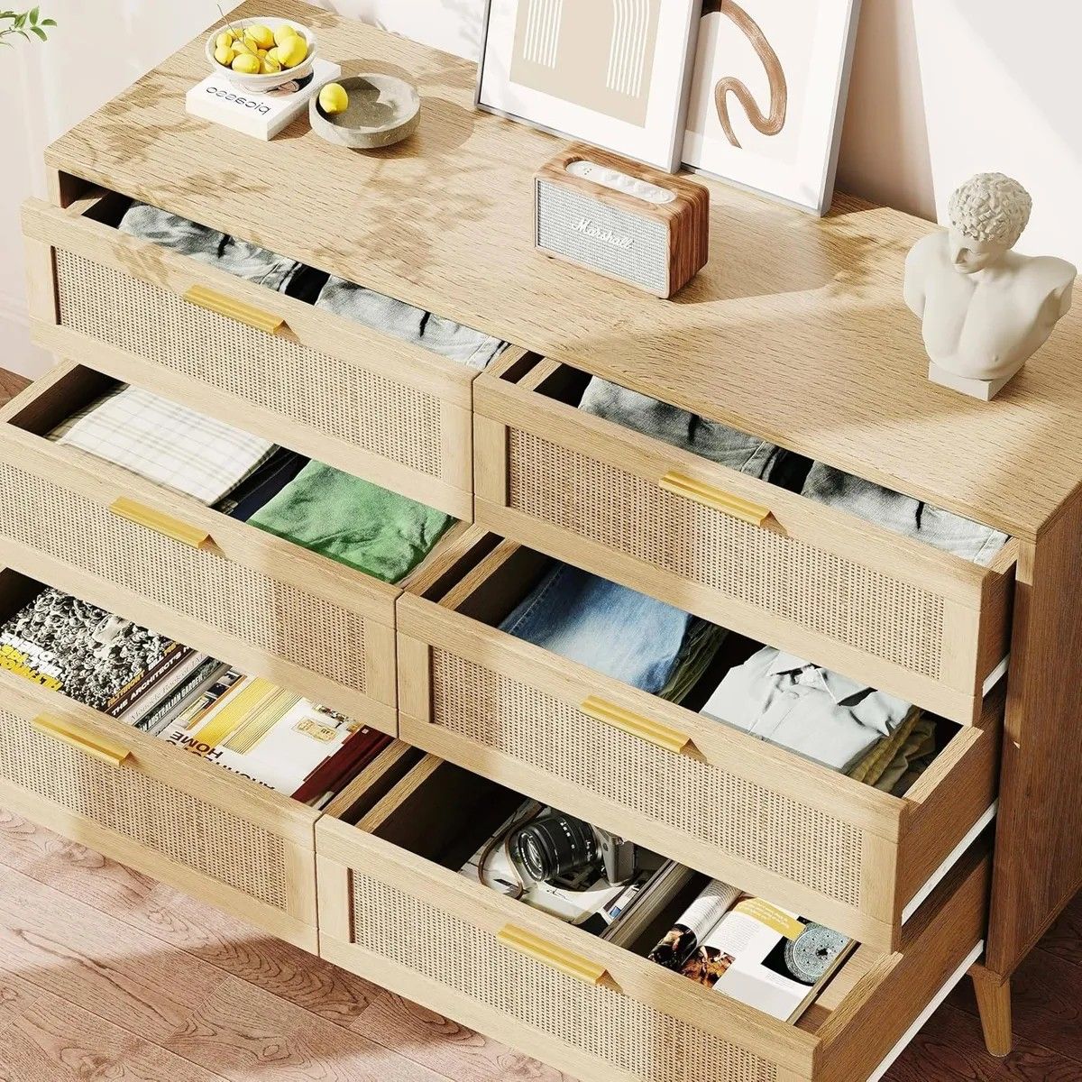 GENERICO - Cómoda Cajonera De Ratán 6 Cajones Mueble Organizador Natural