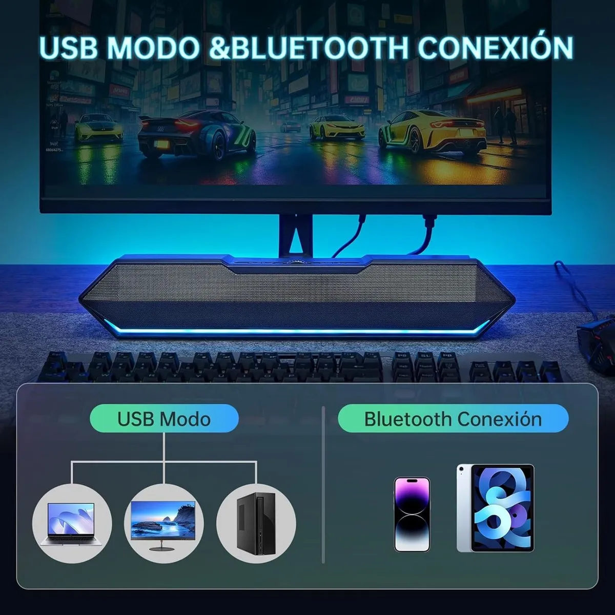 Parlante Gamer Pc Tv RGB Inalámbricos Con Subwoofer Soundbar, marca BLUEDREAMER - Foto Principal