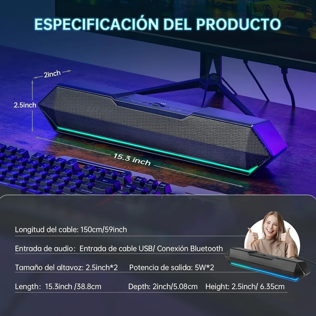 Parlante Gamer Pc Tv RGB Inalámbricos Con Subwoofer Soundbar, marca BLUEDREAMER - Foto 2