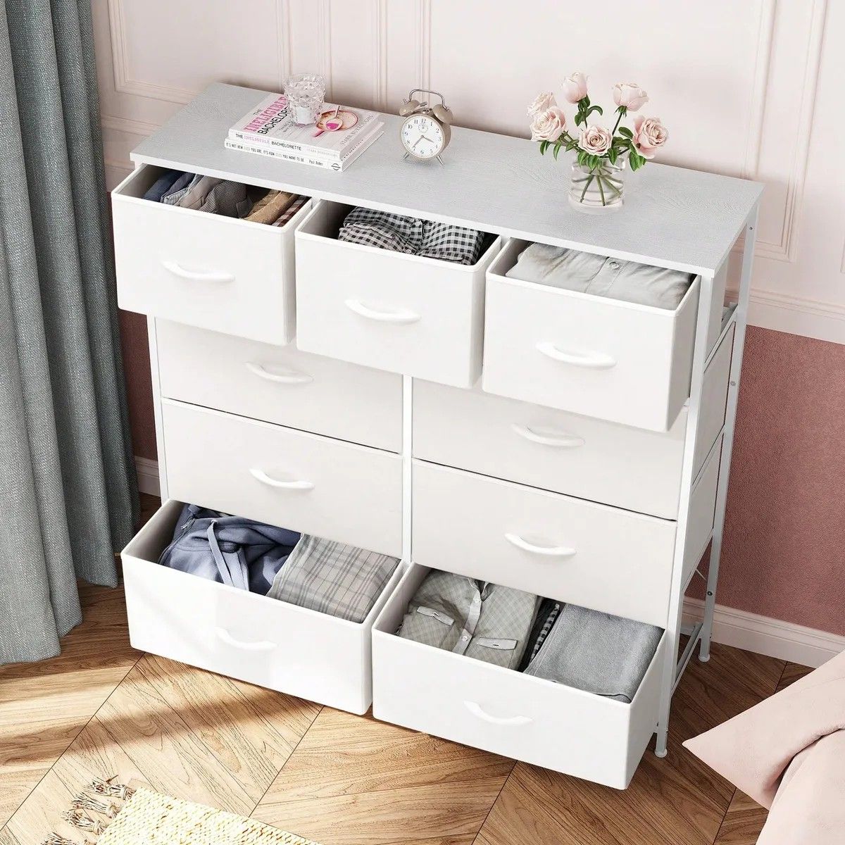 GENERICO - Cómoda Plegable De Tela Con 9 Cajones En Mdf Blanco