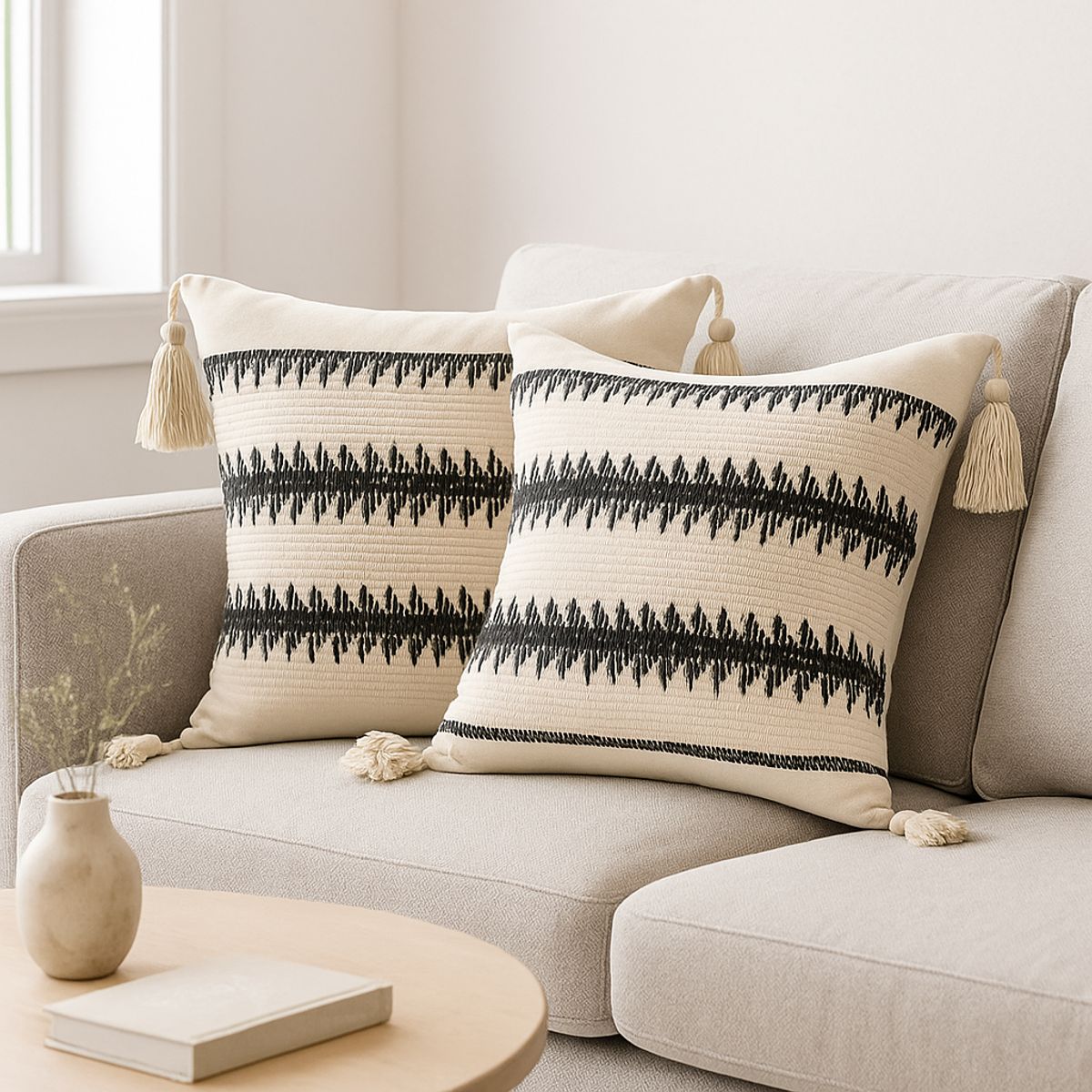 ARMONIA - Juego 2 Fundas Beige Decorativa Boho con Borlas Elegante 786