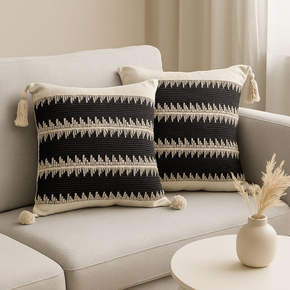 ARMONIA - Set 2 Fundas Decorativas Boho Negra con Borlas Modelo Único 786