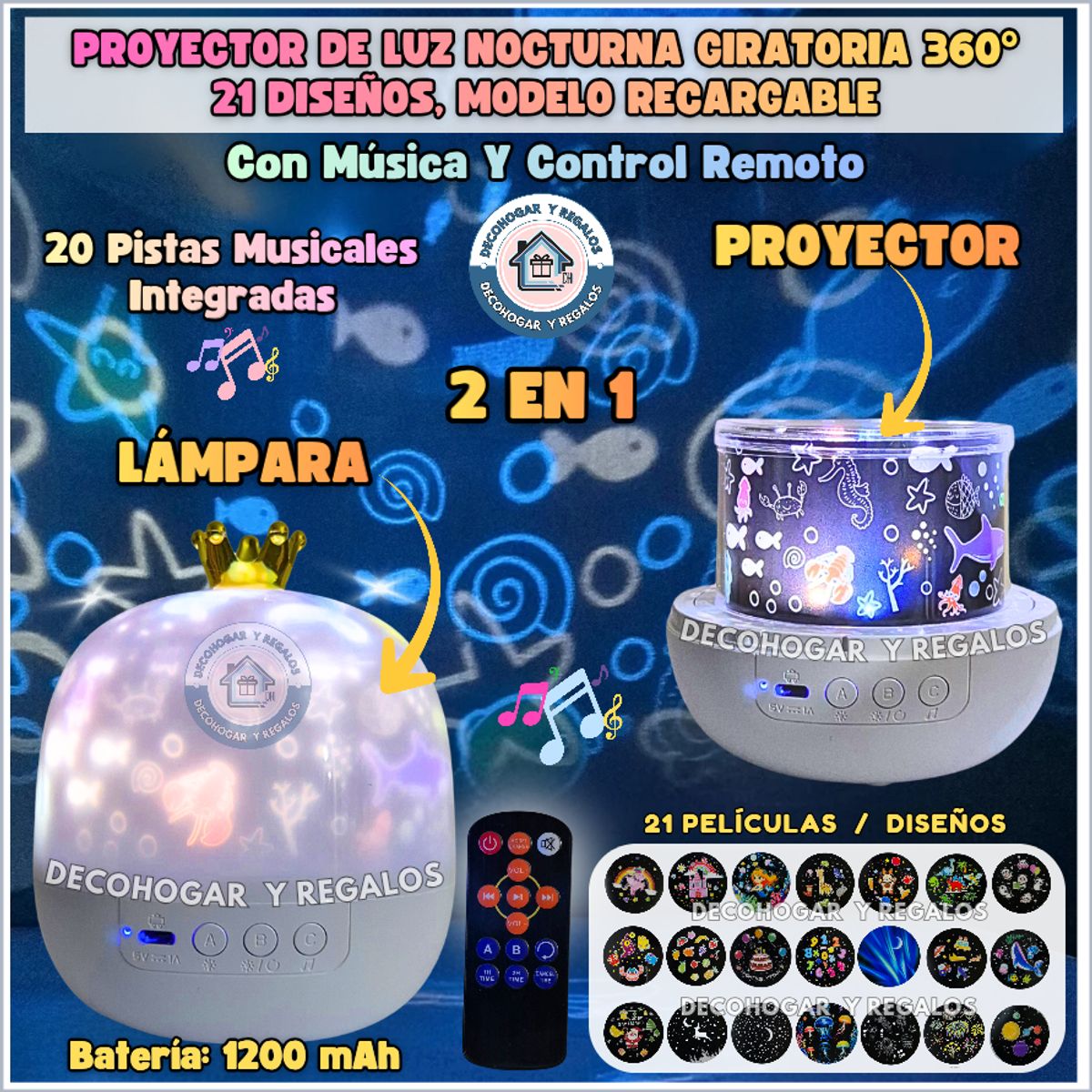 GENERICO - Lámpara Proyector Infantil Niños Recargable, Giratoria, 21 Diseños, Con Música Espanta Cuco