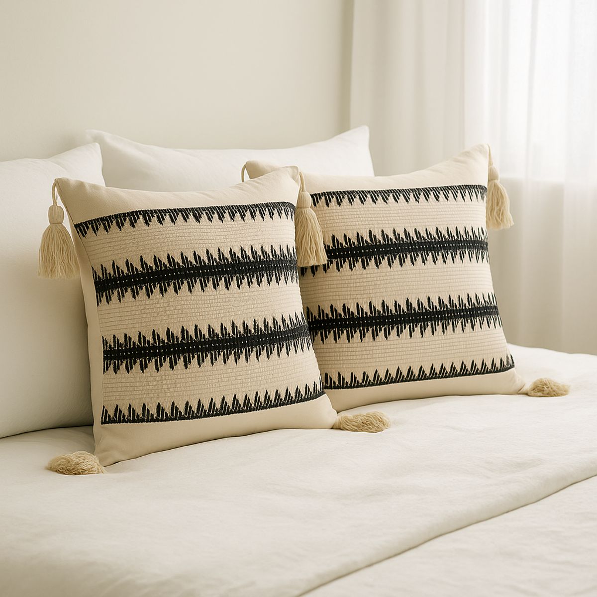 ARMONIA - Pack 2 Fundas Boho Beige con Borlas Decorativa Estilo Bohemio 786