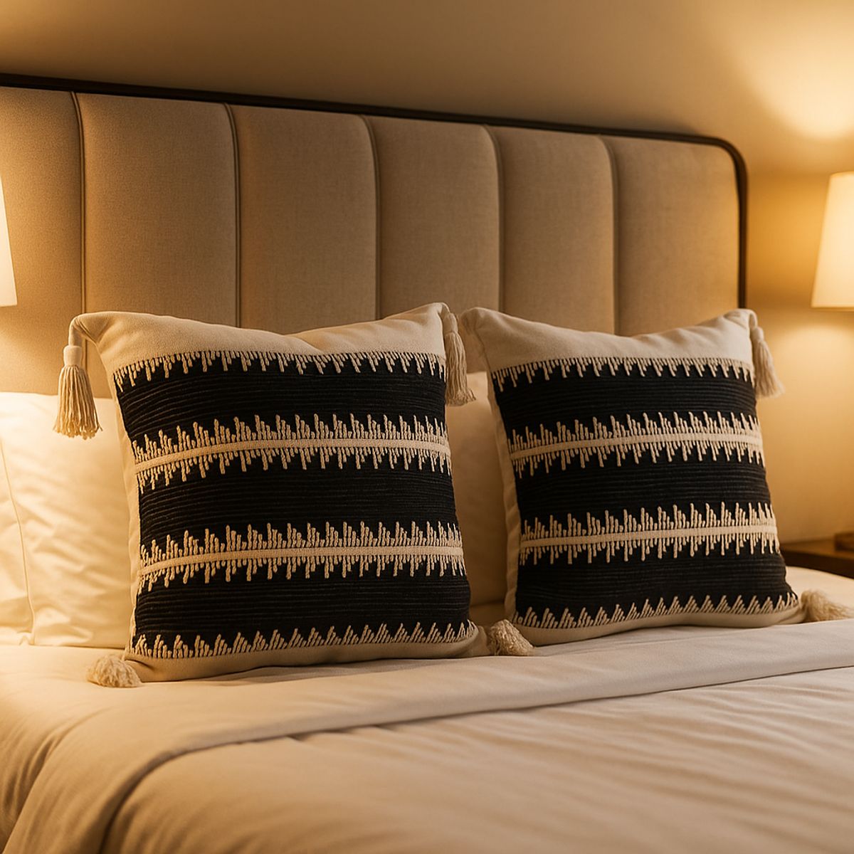 ARMONIA - Pack x2 Fundas Boho Negra con Borlas 45x45cm Moderna 786