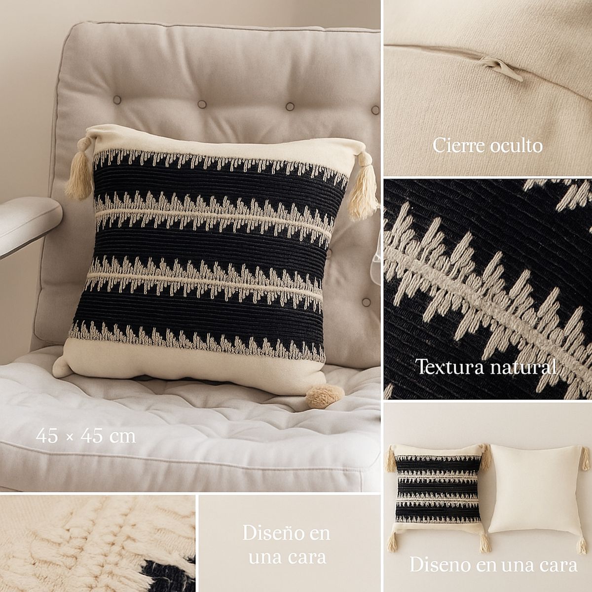 ARMONIA - Pack x2 Fundas Boho Negra con Borlas 45x45cm Moderna 786