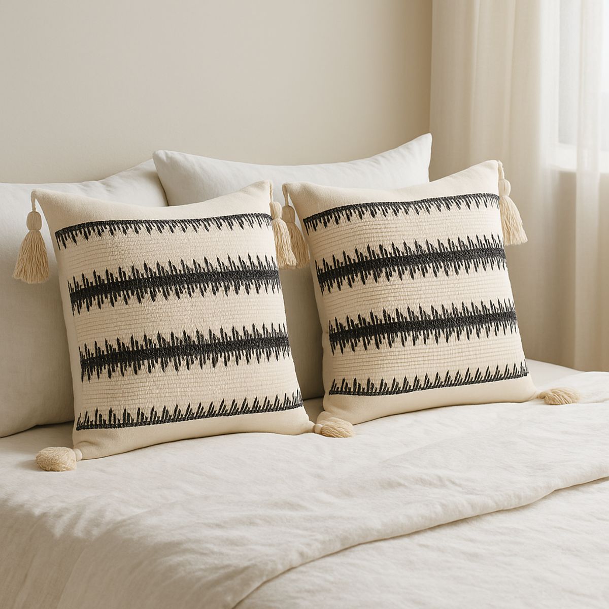 ARMONIA - Pack x2 Fundas Estilo Boho Beige con Borlas Decorativa Moderna 786