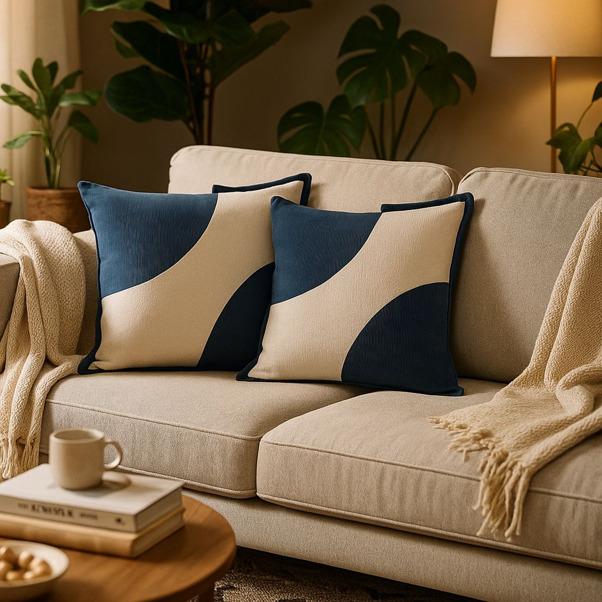 ARMONIA - Set 2 Fundas 45x45cm Felpa Azul Bicolor Estilo Decorativo 686