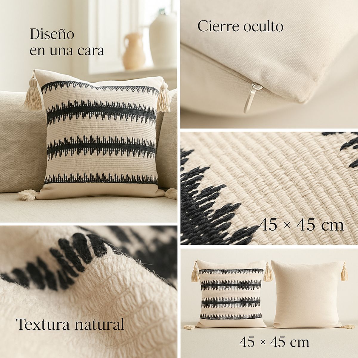 ARMONIA - Pack 2 Fundas Bohemia Beige con Borlas Decorativa Estilo Boho 786