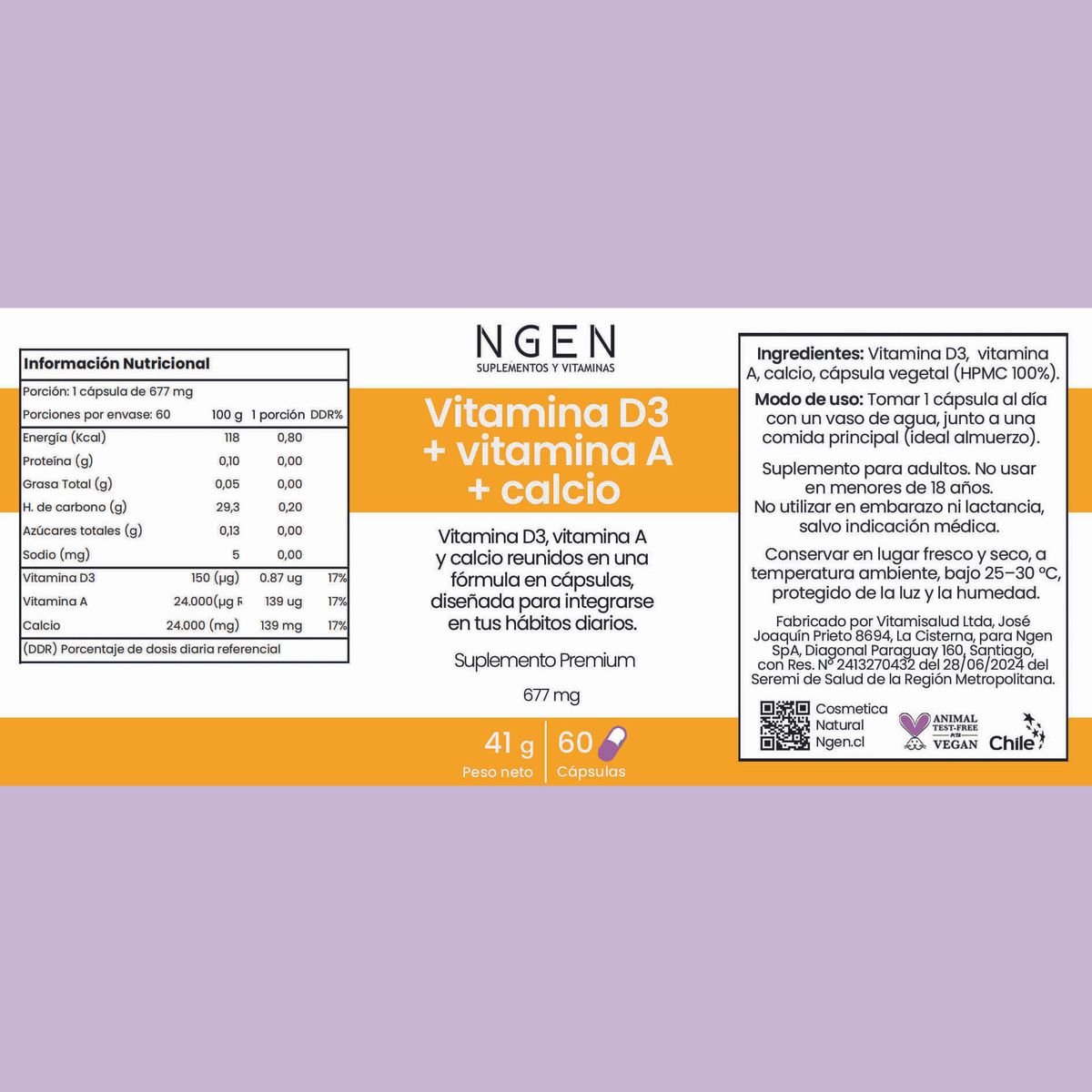 COSMETICA NATURAL NGEN - Suplemento vitamina D3, vitamina A y calcio para 2 meses