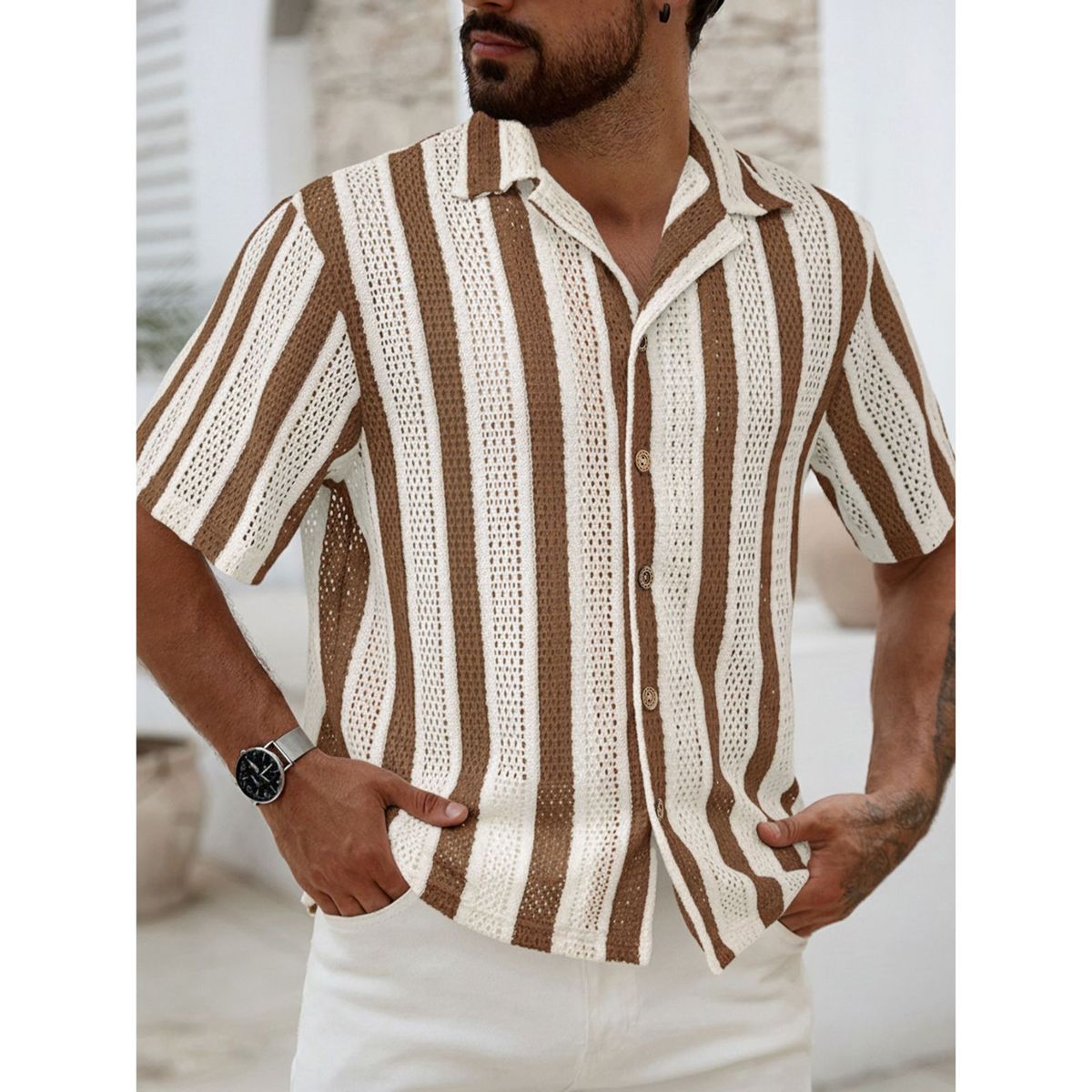 LIKE SHOP - Camisa De Punto Hombre Manga Corta Tejida Hilo Moda Tendencia 0284