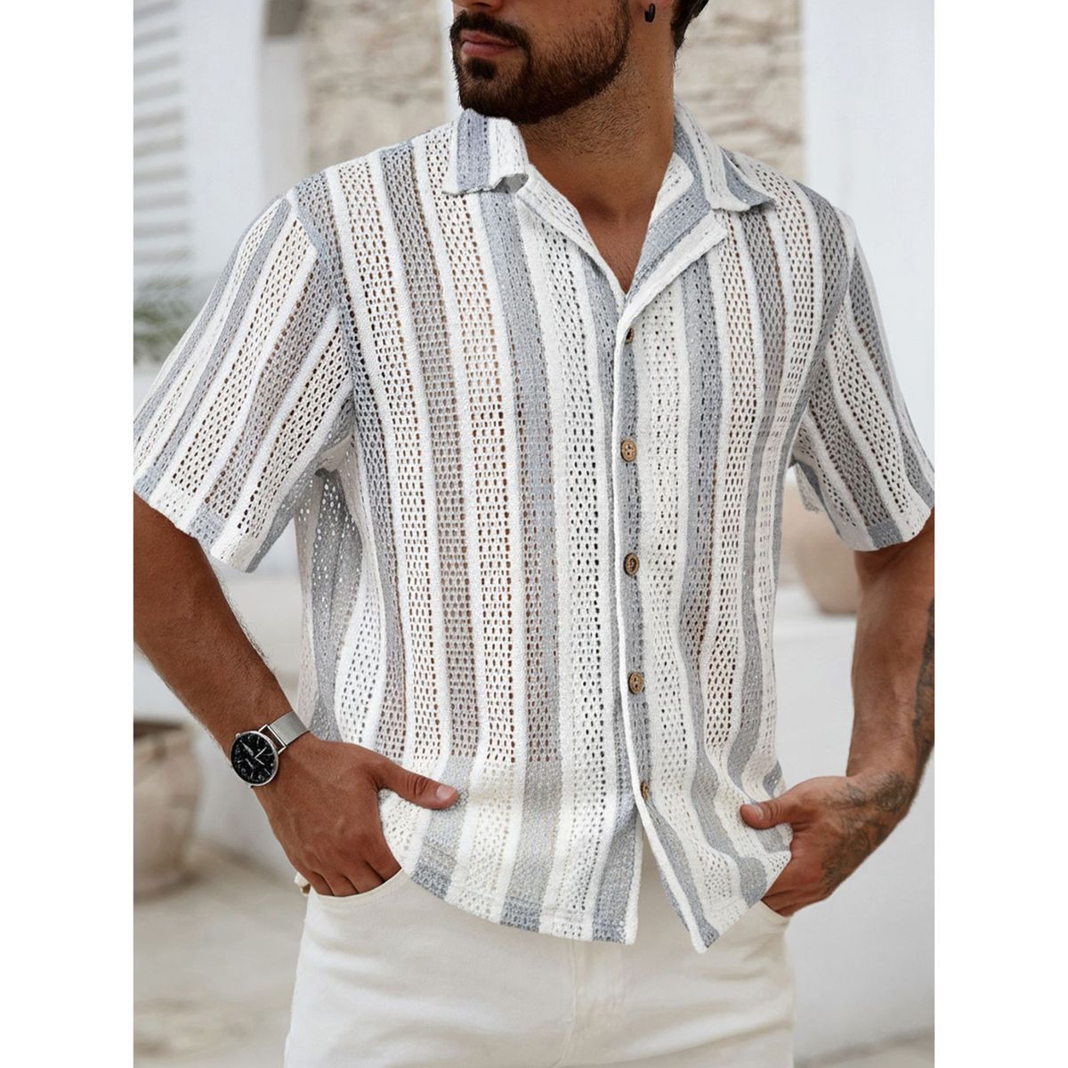 LIKE SHOP - Camisa De Punto Hombre Manga Corta Tejida Hilo Moda Tendencia 0284