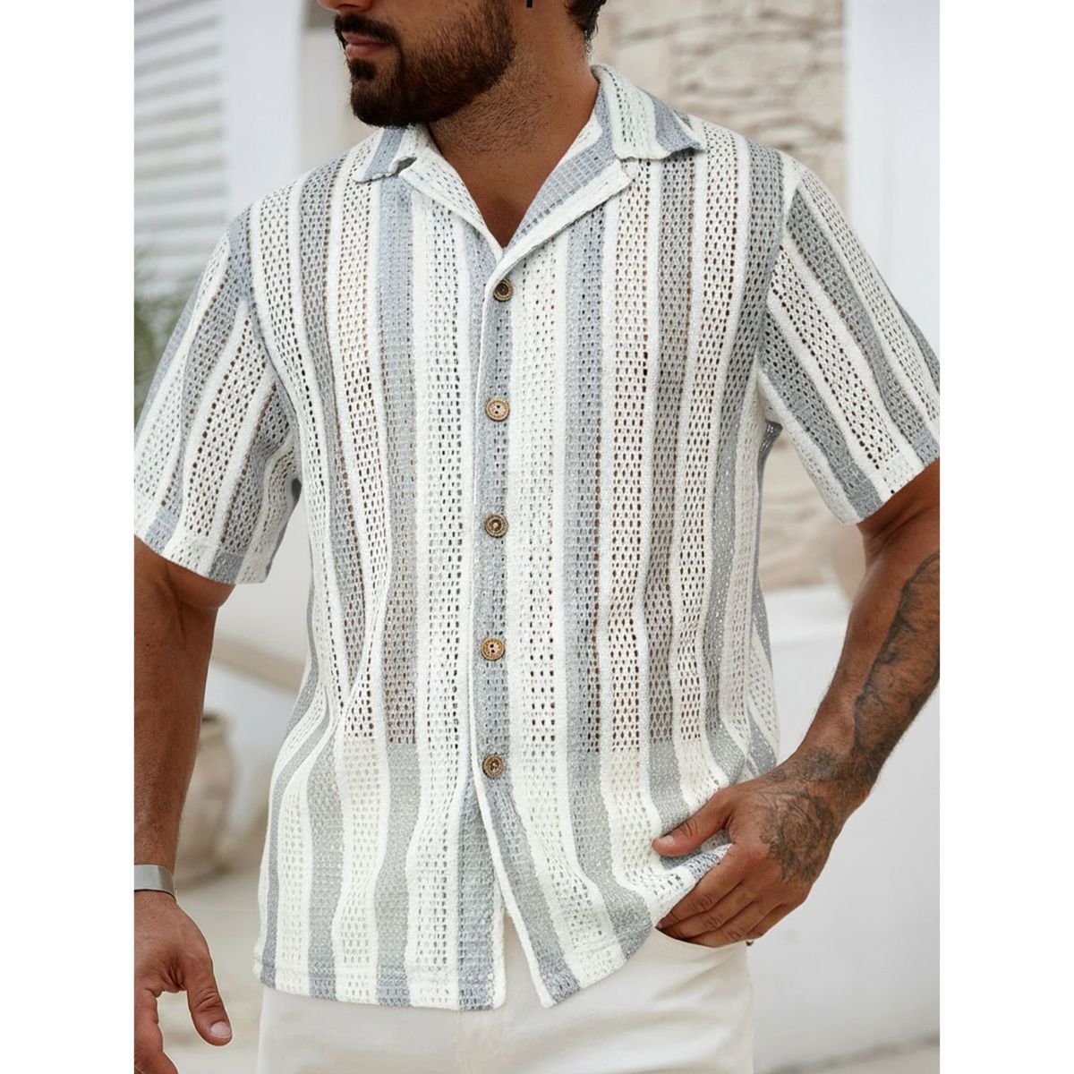 LIKE SHOP - Camisa De Punto Hombre Manga Corta Tejida Hilo Moda Tendencia 0284