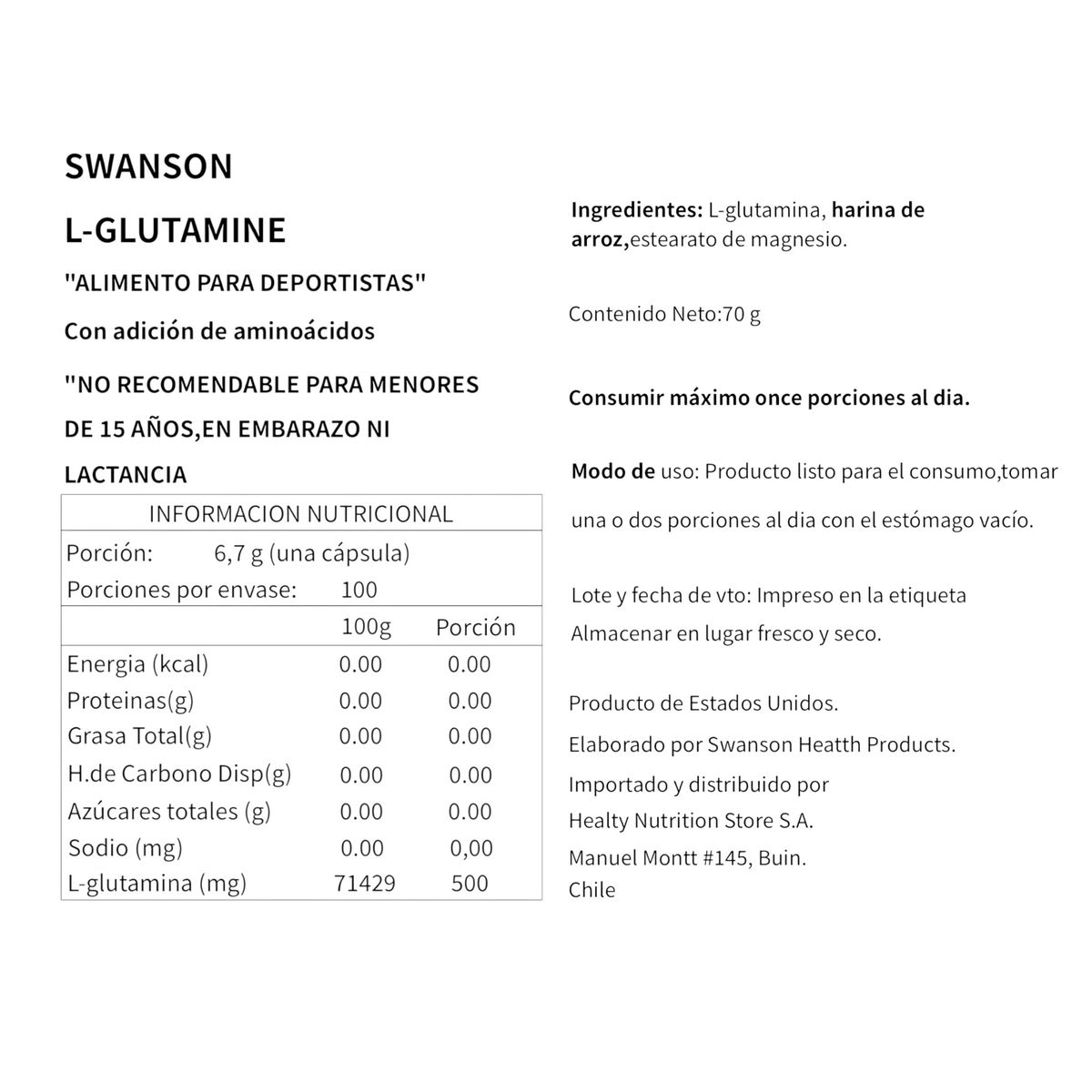 SWANSON - L-GLUTAMINA 500MG 100 CAPSULAS VEGANAS - SWANSON