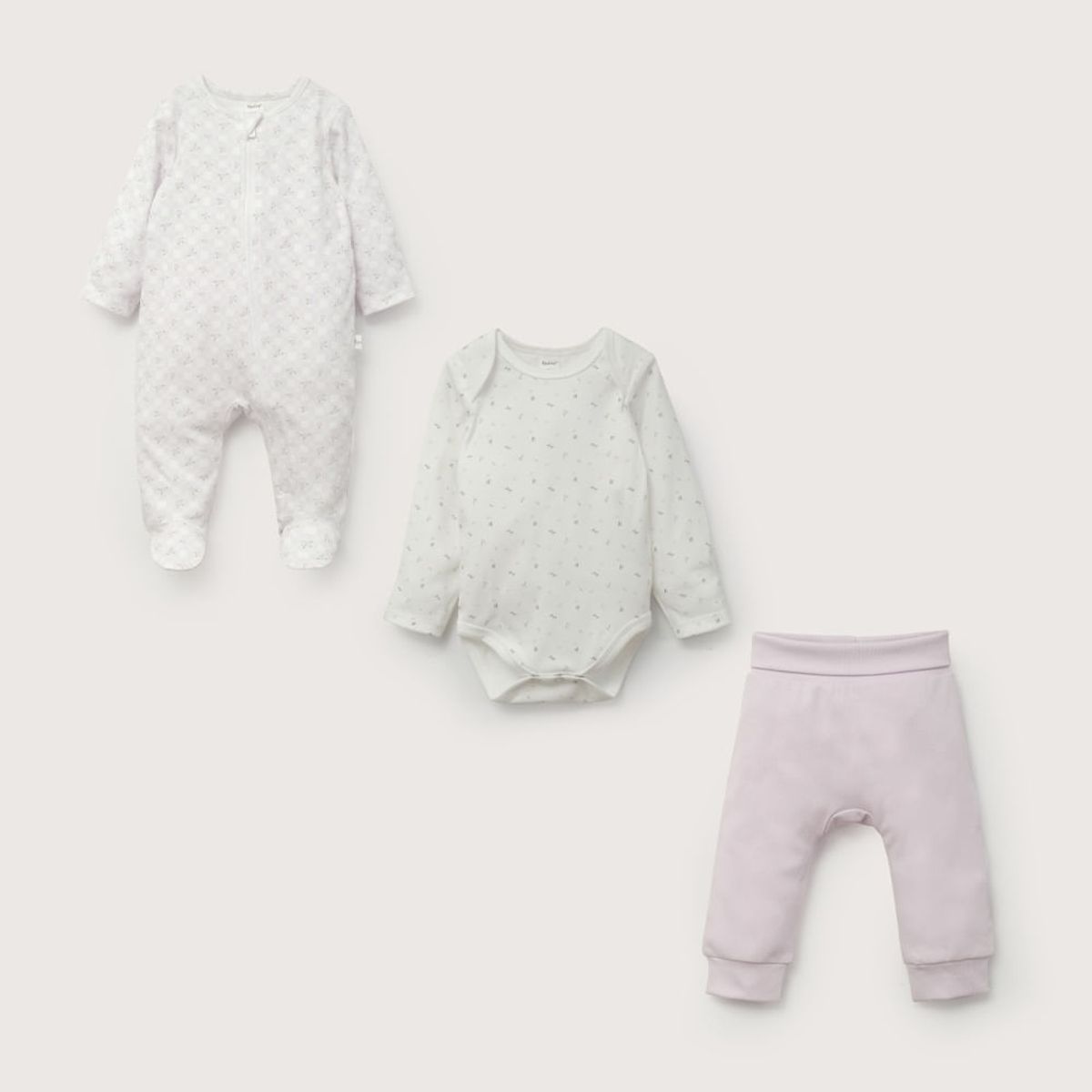 OPALINE - Conjunto 3 piezas osito, body y pantalón lila de bebé niña