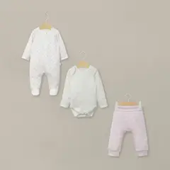 OPALINE - Conjunto 3 piezas osito, body y pantalón lila de bebé niña