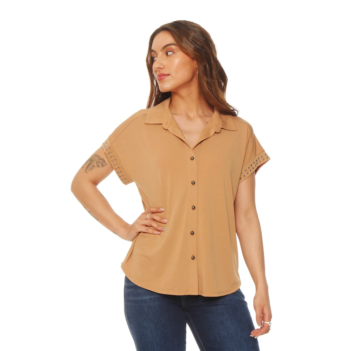 WADOS - BLUSA MANGA CORTA ABOTONADA EN DELANTERO Y APLICACION EN MANGA