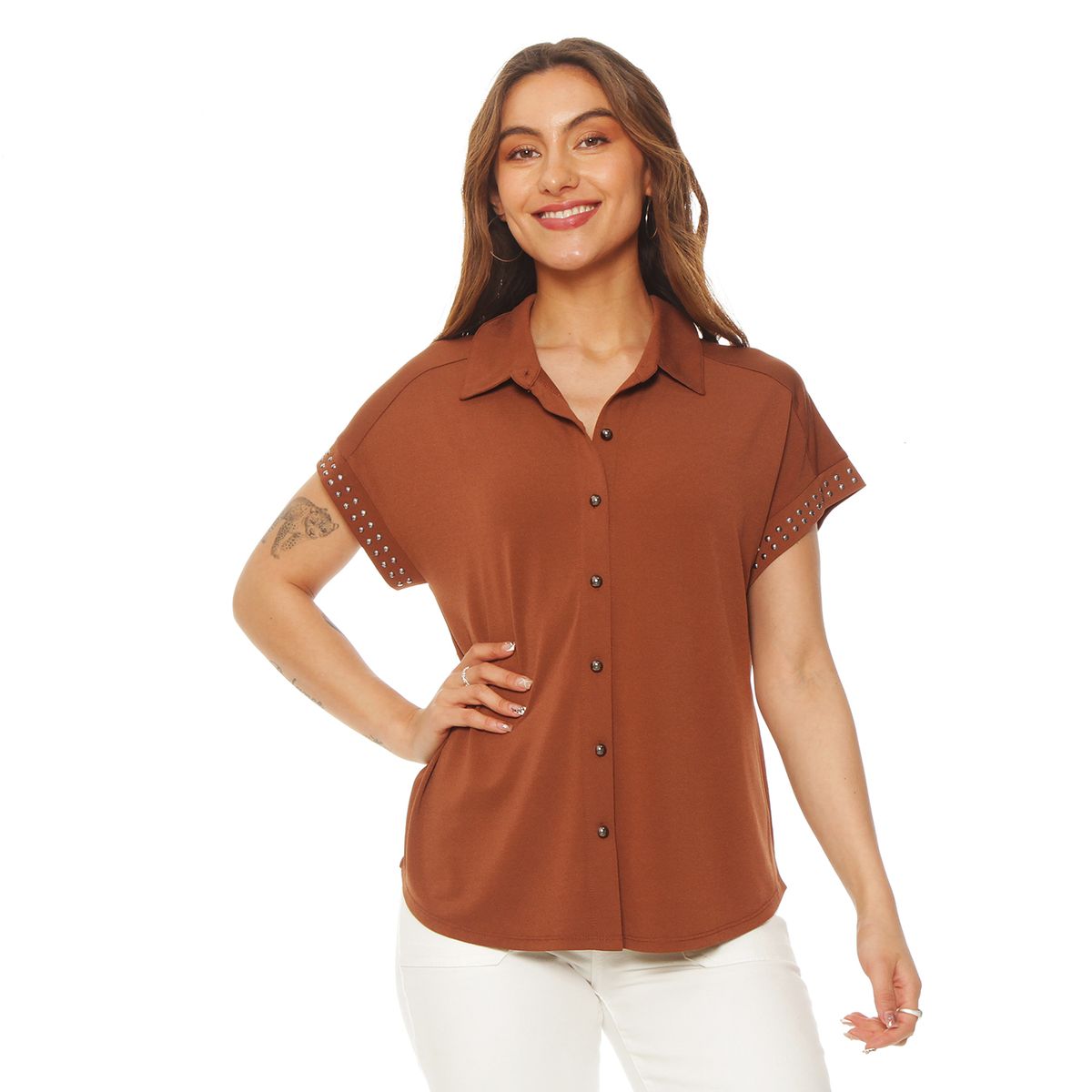 WADOS - BLUSA MANGA CORTA ABOTONADA EN DELANTERO Y APLICACION EN MANGA