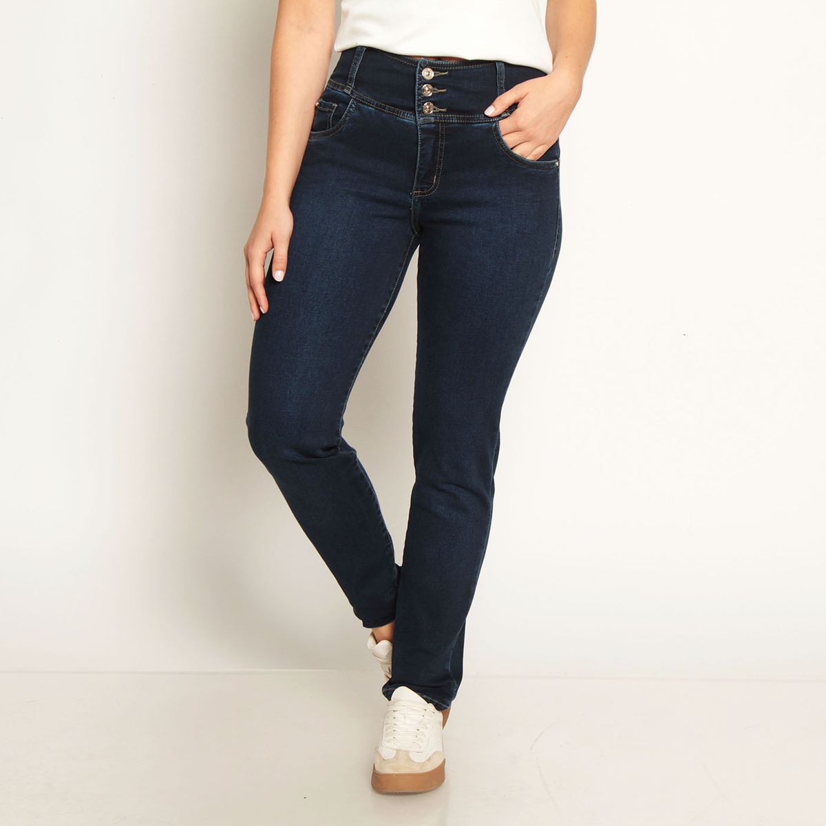 WADOS - JEANS MUJER PITILLO TIRO ALTO PRETINA ANTATOMICA 3 BOTONES PUSH UP
