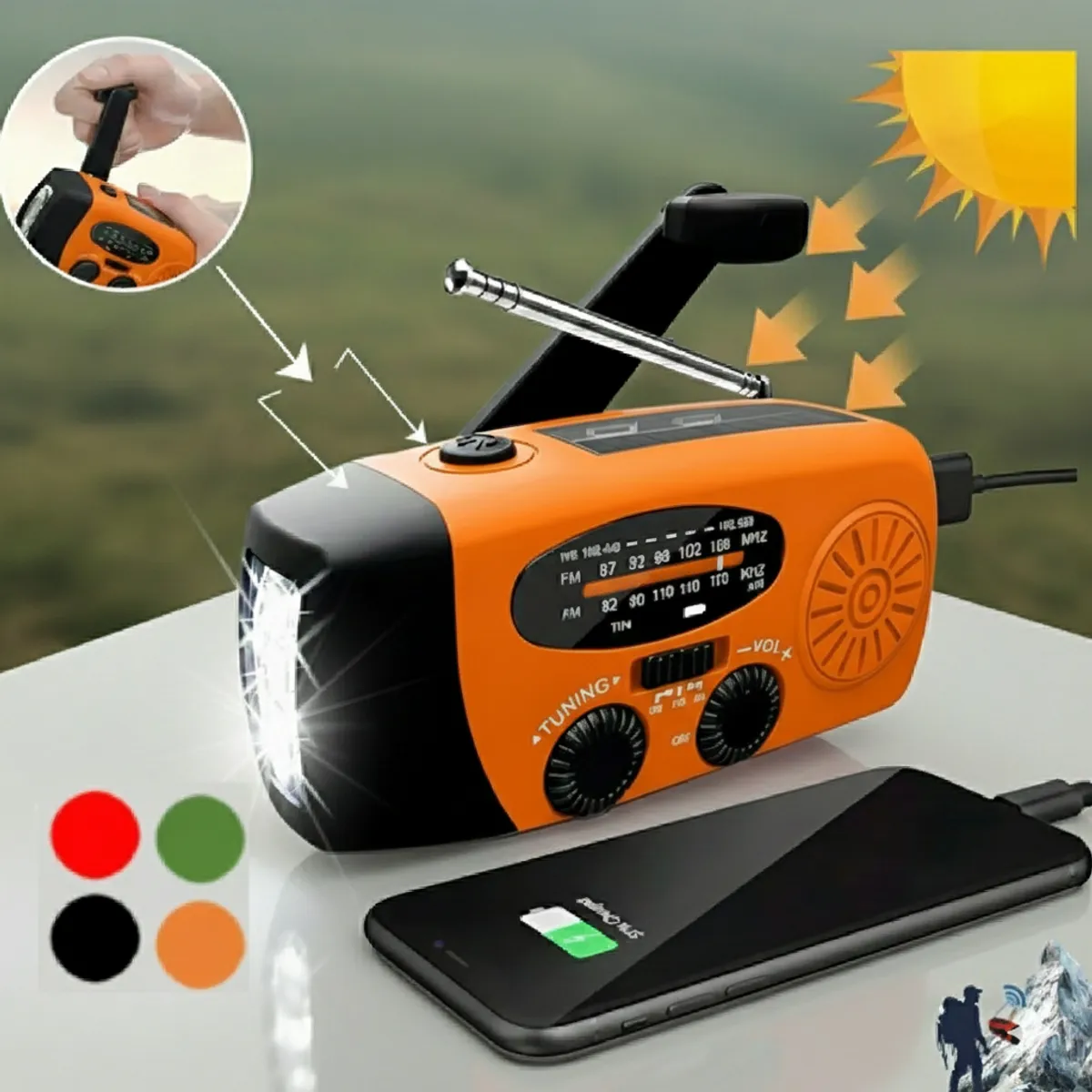 GENERICO - Radio Portatil AM FM Solar Emergencia Linterna Manivela Dinamo Power Bank SOS Meteorologico
