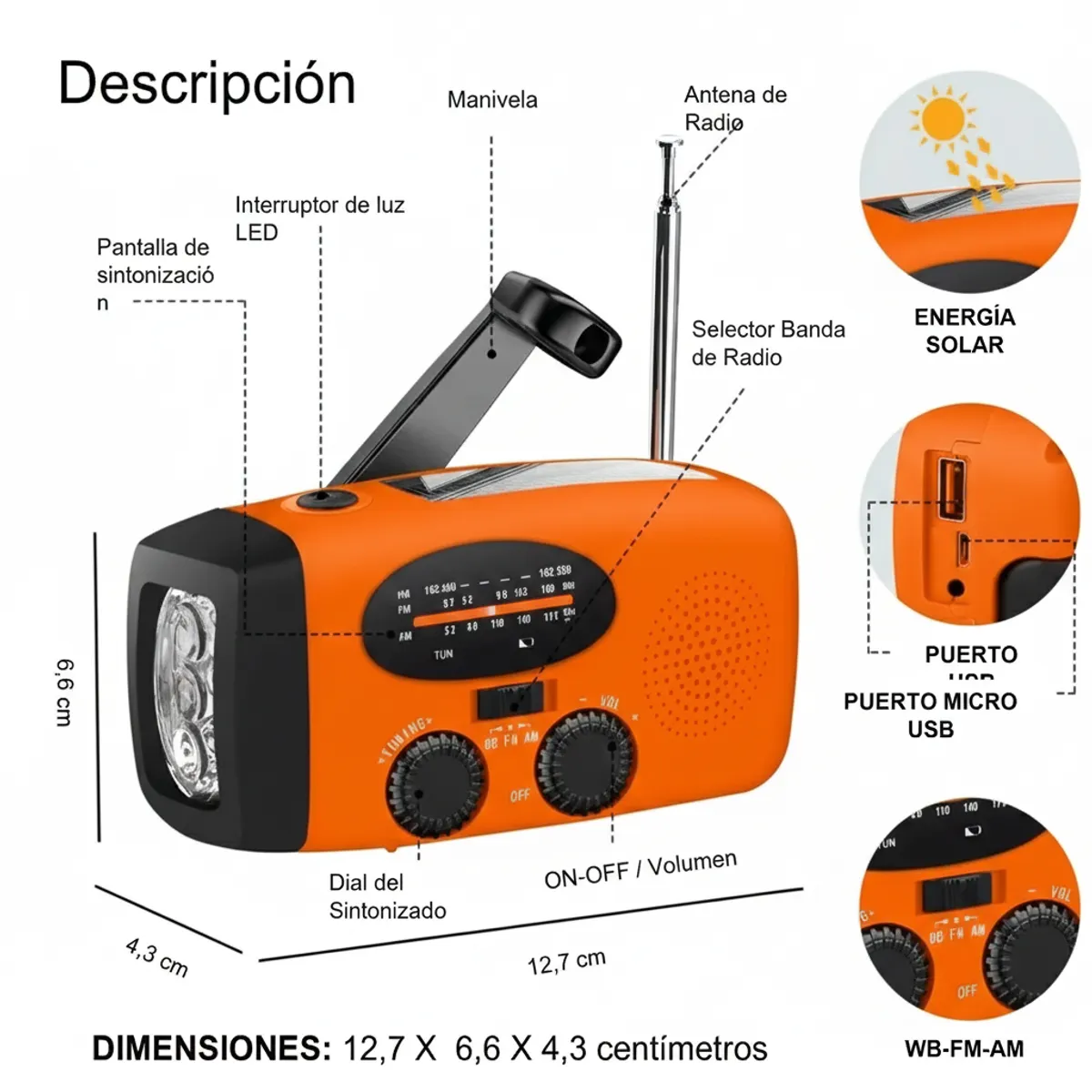 GENERICO - Radio Portatil AM FM Solar Emergencia Linterna Manivela Dinamo Power Bank SOS Meteorologico
