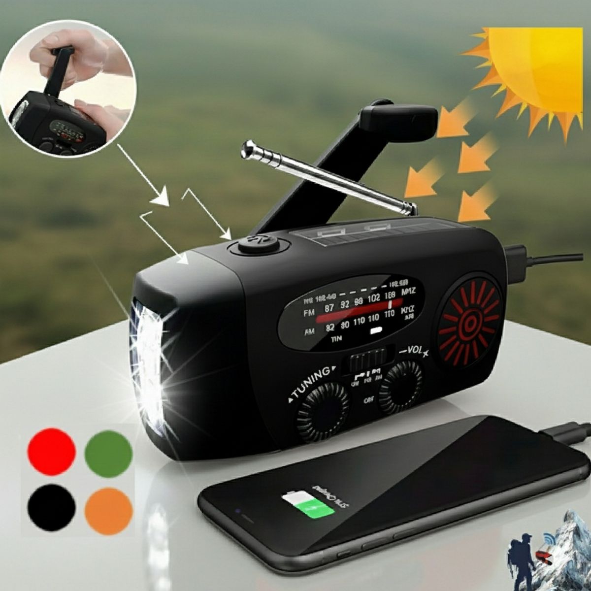 GENERICO - Radio Portatil AM FM Solar Emergencia Linterna Manivela Dinamo Power Bank SOS Meteorologico