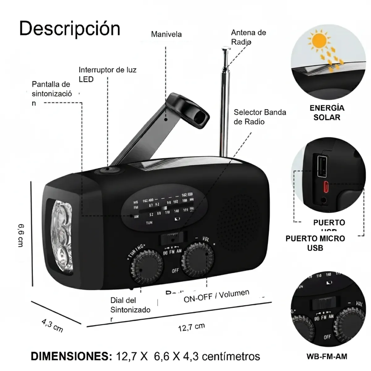 GENERICO - Radio Portatil AM FM Solar Emergencia Linterna Manivela Dinamo Power Bank SOS Meteorologico