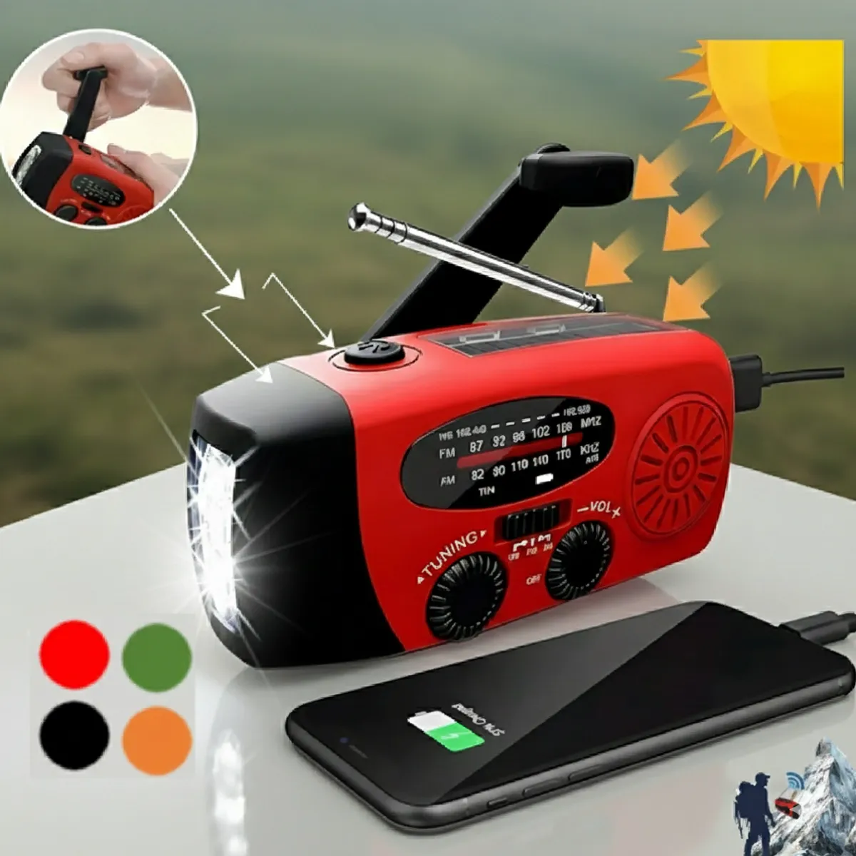 GENERICO - Radio Portatil AM FM Solar Emergencia Linterna Manivela Dinamo Power Bank SOS Meteorologico