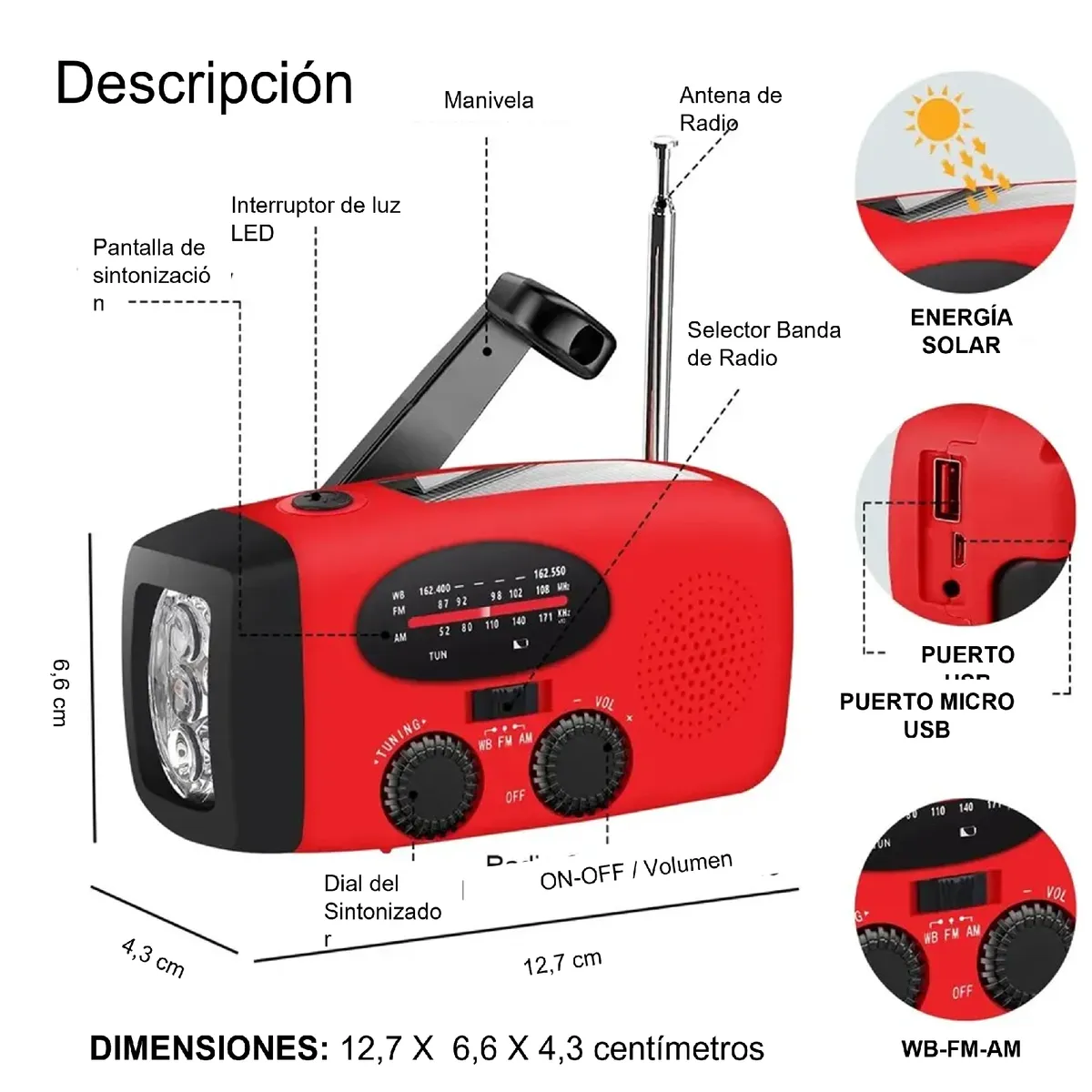 GENERICO - Radio Portatil AM FM Solar Emergencia Linterna Manivela Dinamo Power Bank SOS Meteorologico